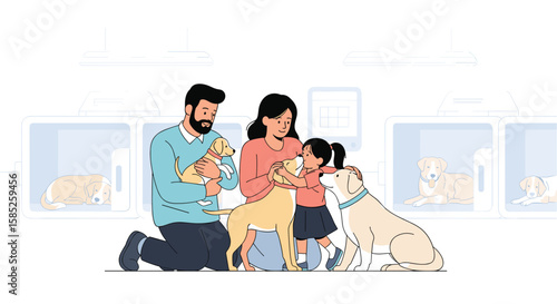 A happy family adopts a new pet from a shelter helping animals find homes