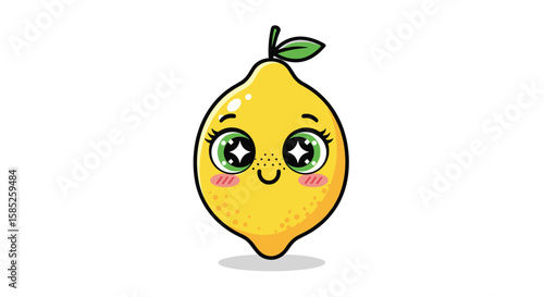 Cute kawaii lemon character with big sparkly eyes and rosy cheeks