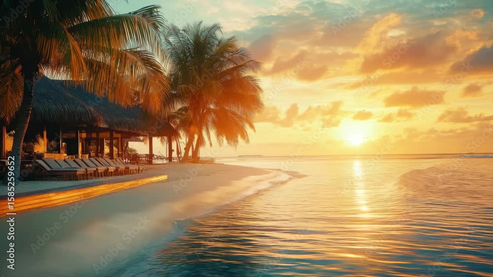 Beach front sunset at a tropical resort with pool and lounge chairs.