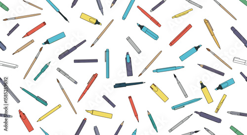 Colorful art supplies scattered pattern with white background