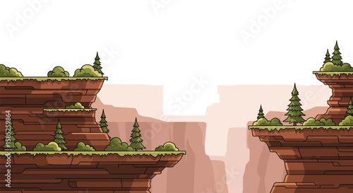 Pixel art canyon landscape with floating islands and evergreen trees on a bright day
