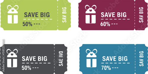Four coupon designs with gift icons and "SAVE BIG" text