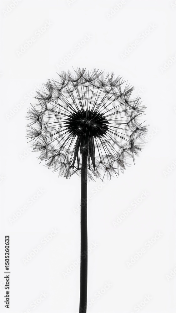 Fototapeta premium Monochrome Dandelion Seed Head Close-Up on White Background
