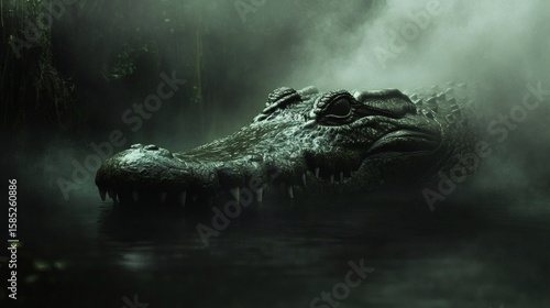 Large crocodile head emerging from a murky swamp.