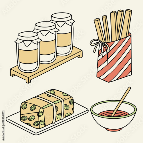 Still life drawing featuring jars on a shelf, striped bag of sticks, wrapped gift, and bowl with spoon