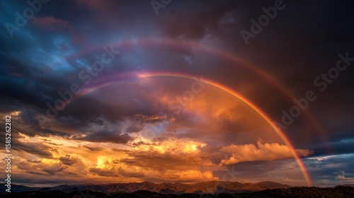 Fototapeta Naklejka Na Ścianę i Meble -  A golden sunset illuminates stormy clouds and a brilliant rainbow arcs overhead, creating a dramatic contrast in the sky