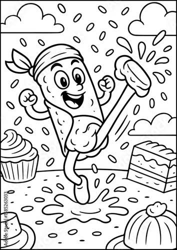 The Cheesy Kingdom Cannoli Capoeira Coloring Page, A ninja-style cannoli kicking high in a capoeira pose, with cream and sprinkles flying around. Sweet and silly fun for kids to color.