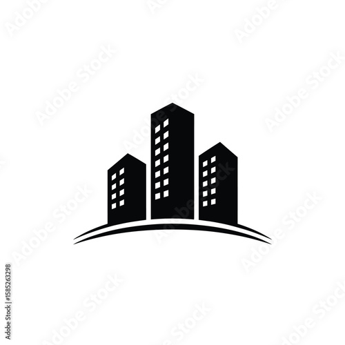 Black and White Cityscape Silhouette with Three Buildings and Curved Base
