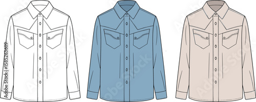Western style shirt front view, fashion CAD drawing, button-down shirt sketch, men’s apparel flat design for technical illustration