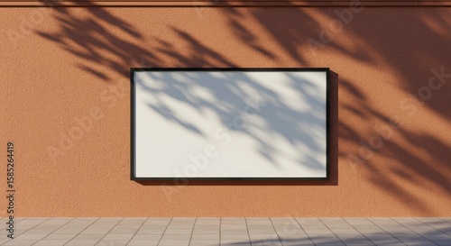 Blank horizontal black frame mockup on a sunlit terracotta wall outdoors, with realistic shadows from leaves creating a natural background for a poster or advertisement.