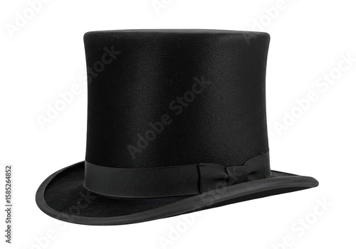 A classic black top hat with a ribbon band, isolated on a transparent background