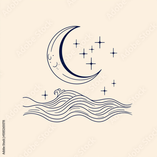 Minimalist tattoo-style illustration featuring a crescent moon, stars, and ocean waves, capturing serene nighttime vibes