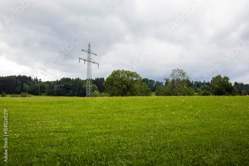  Green hill with a high-voltage power pole on a gray summer day