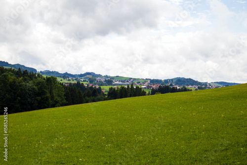 Green hills with trees and rural villages