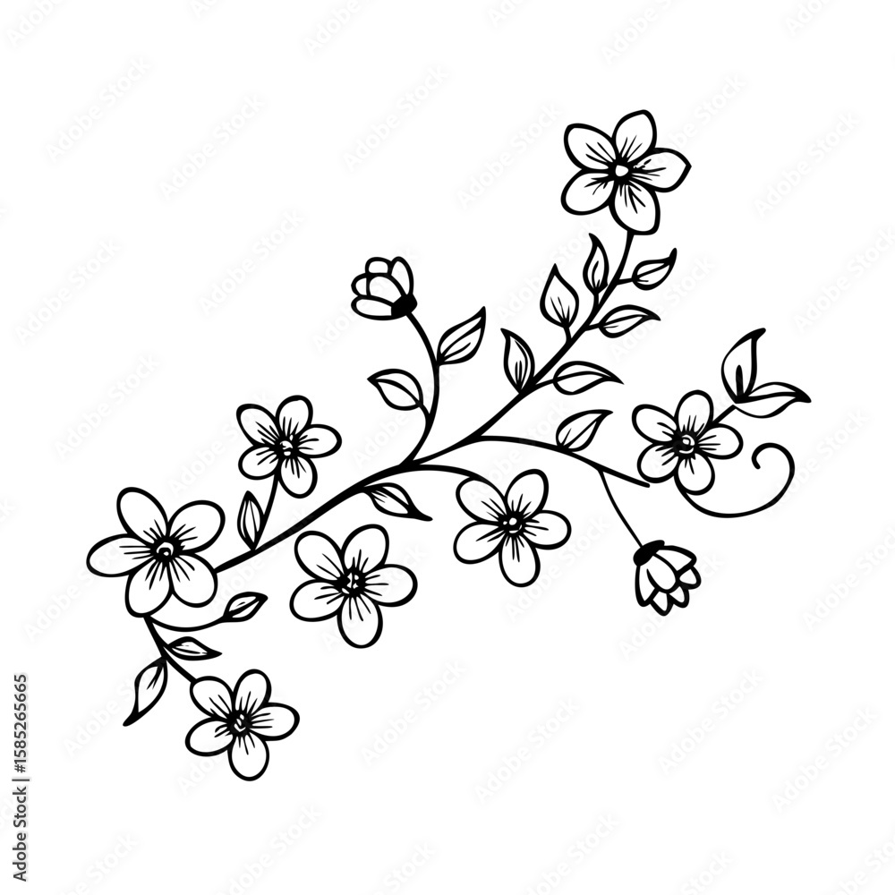 Fototapeta premium Hand-Drawn Floral Branch Vector: Black and White Sketch of Flowers and Leaves