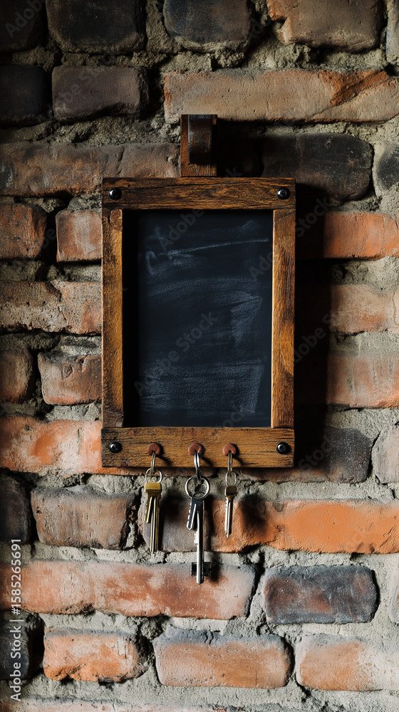 Naklejka premium Rustic wooden key holder mounted on a brick wall in a cozy entryway setting enhancing home organization