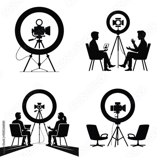 Black Silhouettes of Video Production Setups Featuring Ring Lights Cameras and Interviewees Seated in Chairs on White Background Illustrating Different Studio Configurations