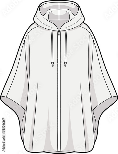 Oversized poncho hoodie flat sketch, zipper front with drawstring, loose fit fashion cape vector CAD for clothing design