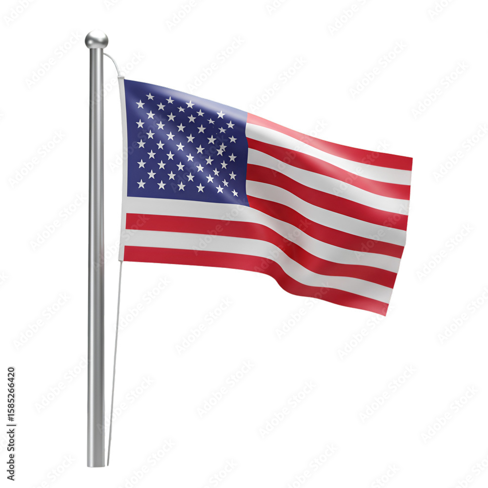 Fototapeta premium American flag waving on a metal pole against a white background.