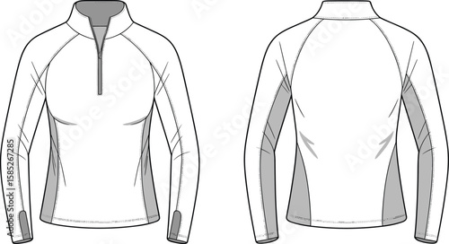 Women’s quarter zip performance top, technical flat sketch with thumb holes, long sleeve activewear garment CAD vector illustration design