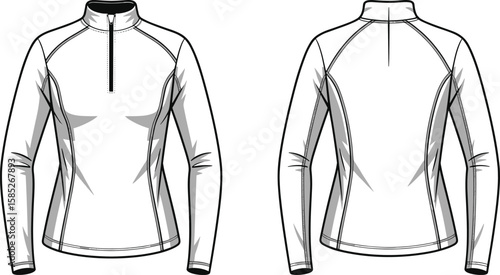 Women’s activewear top flat sketch, quarter zip pullover vector, raglan sleeve athletic shirt technical CAD drawing, sportswear template