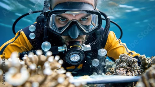 Wallpaper Mural Underwater explorer observing vibrant coral reef while scuba diving, showcasing marine life and biodiversity in a crystal-clear ocean environment Torontodigital.ca