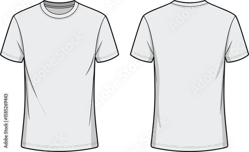 Plain crew neck t-shirt front and back view, vector cad fashion sketch, perfect for apparel tech pack and clothing design