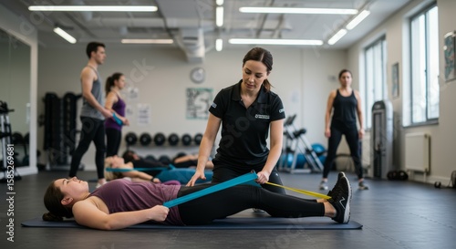 Personal Trainer Assisting Client with Resistance Band Exercises in Modern Gym