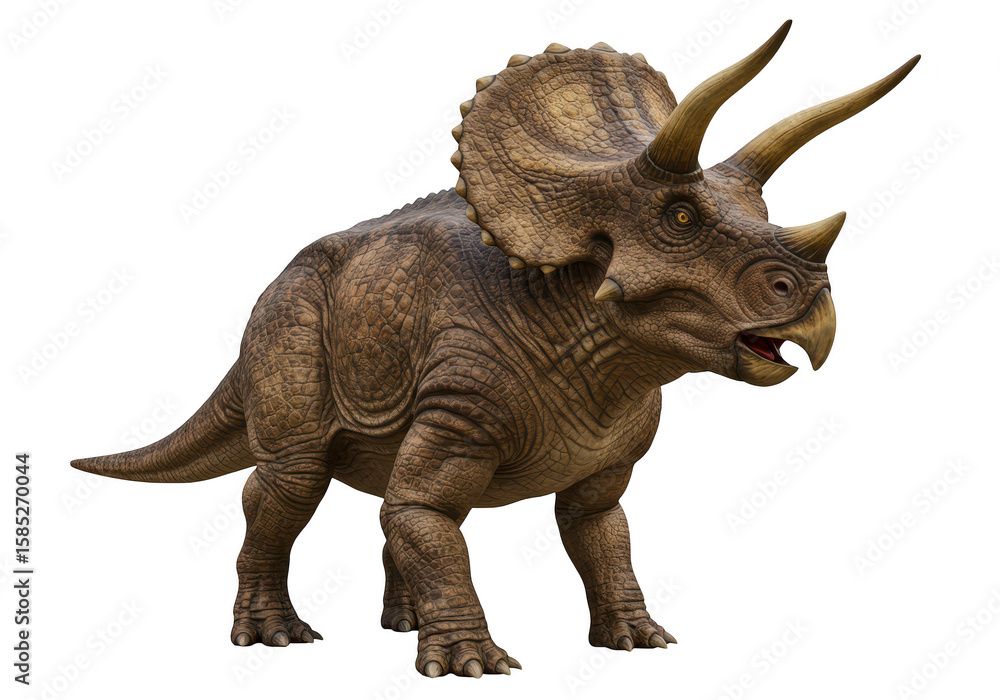 Fototapeta premium A realistic triceratops dinosaur with three horns and a frill, isolated on white isolated on transparent background