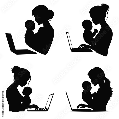 Four Black Silhouettes of Mothers Holding Infants While Using Laptops baby