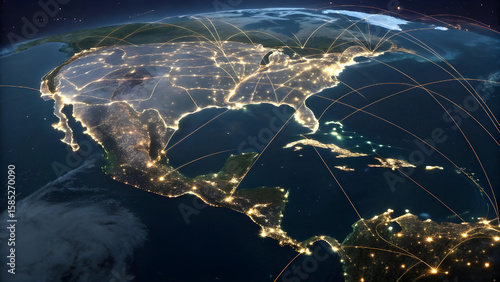 Global network connections across north america and central america at night illustrating digital communication and transportation routes