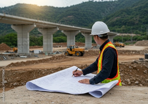 Civil Engineer Reviewing Blueprint at Construction Site