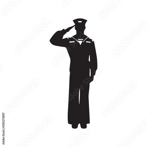 Saluting sailor silhouette. Navy serviceman in uniform, a patriotic military symbol of honor, duty, and service for Veterans or Memorial Day.