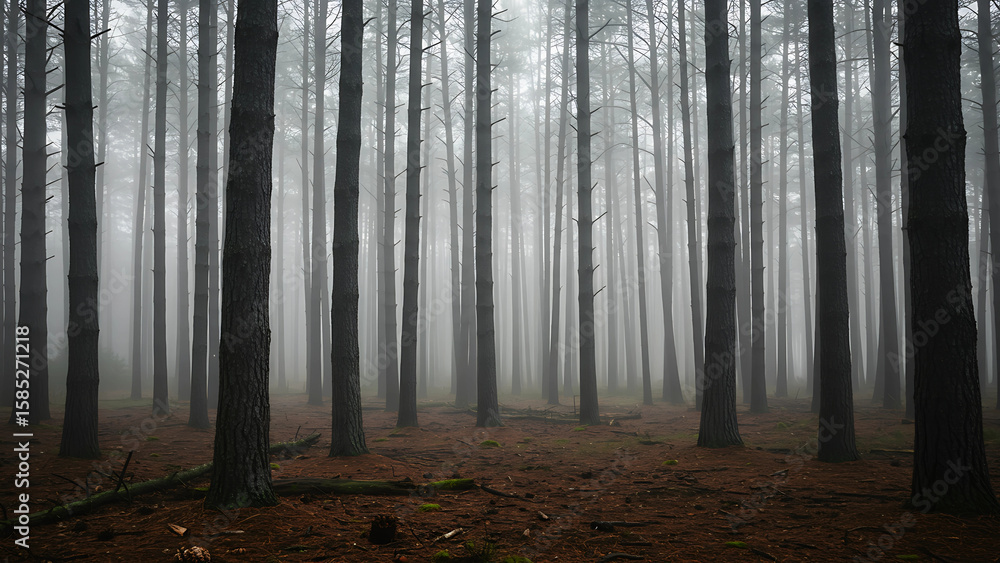 Fototapeta premium A dense pine forest stands silently in the early morning mist, where fog and scattered branches create a mysterious and tranquil atmosphere in nature's stillness.