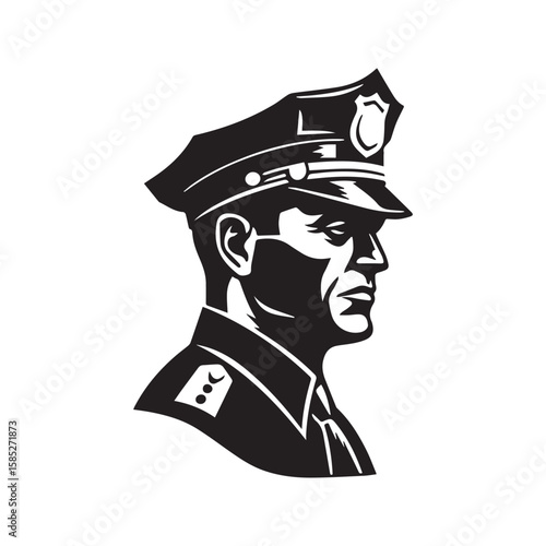 Police officer silhouette profile vector. Policeman in uniform cap, a symbol of law enforcement, authority, and public safety. Graphic icon.