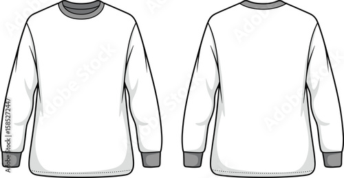 Unisex long sleeve sweatshirt flat sketch, ribbed neck and cuff detail, front and back view, vector CAD fashion template