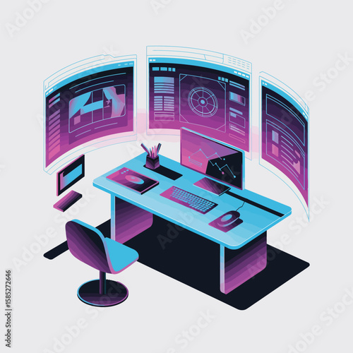 Isometric Illustration of Modern Workplace Setup Featuring Desk Purple and Blue Curved Monitors Keyboard Mouse Graphic Design Elements
