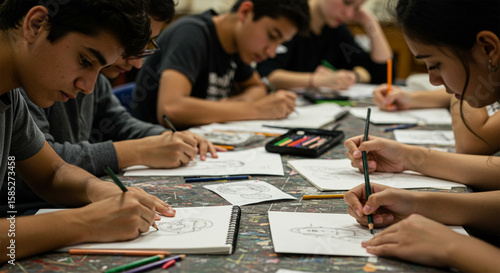 Students intently focused on drawing and sketching during an art class.