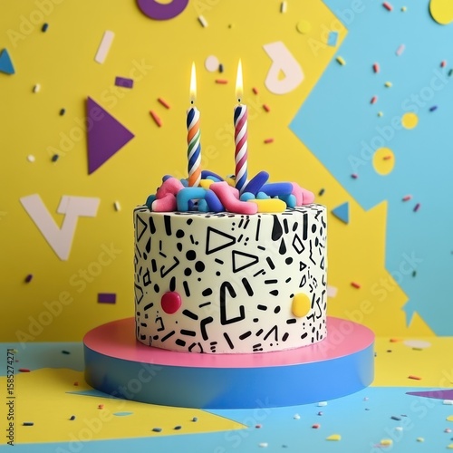 Colorful birthday cake with abstract design.