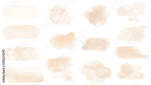 Delicate beige pastel watercolor stains set. Light brown paint translucent brushstrokes of different shapes. Cream shades textured background, color backing, vector graphics