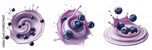 Blueberries splashing into a swirl of creamy purple yogurt. Food advertisements, dairy product packaging, and creative culinary designs