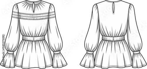 Peplum blouse with wide bell sleeves, detailed shirring, high waist button closure, pleated front, technical fashion sketch vector