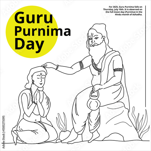 Line art illustration for Guru Purnima, honoring teachers and spiritual guides. Features a guru blessing a kneeling disciple.