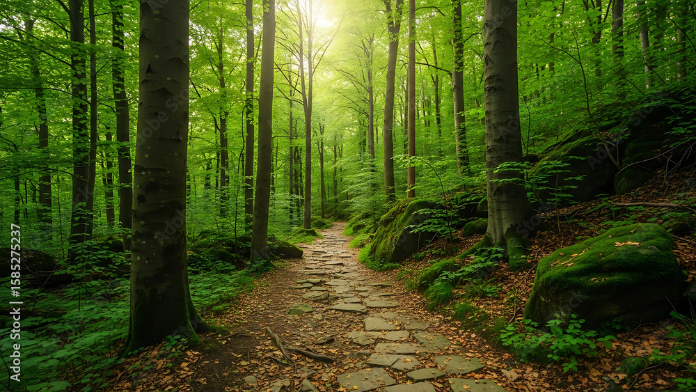 Obraz premium Peaceful forest path with stone steps surrounded by lush green trees. Soft natural light filters through the canopy, creating a serene and inviting atmosphere for nature walks.