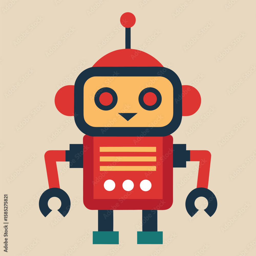 Naklejka premium Red and Yellow Retro Robot Illustration with Antenna and C- Shaped Hands on Beige Background