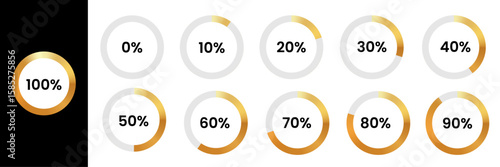 Circle loading and circle progress collection. Set of gold gradient circle percentage diagrams for infographics, 0, 10, 20, 30, 40, 50, 60, 70, 80, 90, 100 percent.