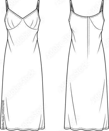 Lingerie slip dress technical flat sketch, fashion cad template, vector drawing for nightwear, lingerie
