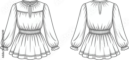 Peplum top blouse fashion flat sketch, technical vector drawing with frill sleeves, shirred waist, pleated bodice, round neck design