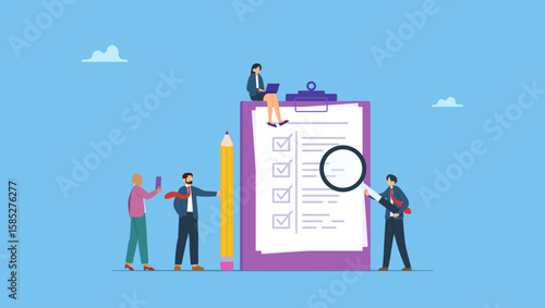 Business people working around a complete task checkbox clipboard. Checklist to complete project task, accomplish work checkmark, todo list clipboard or project status report, plan to finish work.
