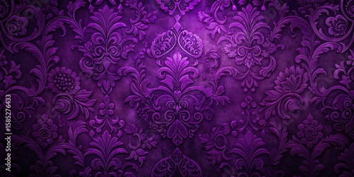 Rich deep purple embossed damask pattern with intricate floral swirls and textured background